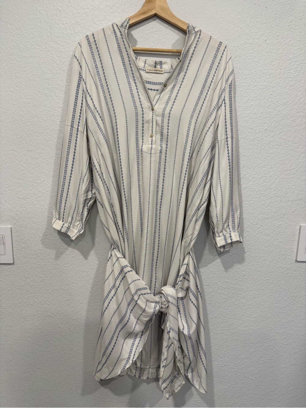 Ulla Johnson Striped Tie-Front Shirt Dress White & Blue - M/8